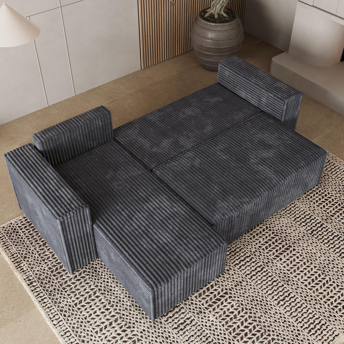 ECKSOFA RAVELO T Graphitfarben Kordstoff mit Schlaffunktion - Graphitfarben/Grau, Holz/Kunststoff (240/140cm) - MASSENO