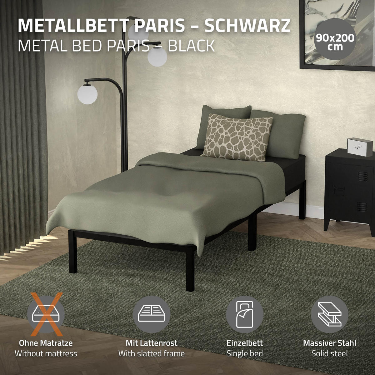 METALLBETT 200/90 cm - Schwarz, Metall (90/200cm) - ML-DESIGN