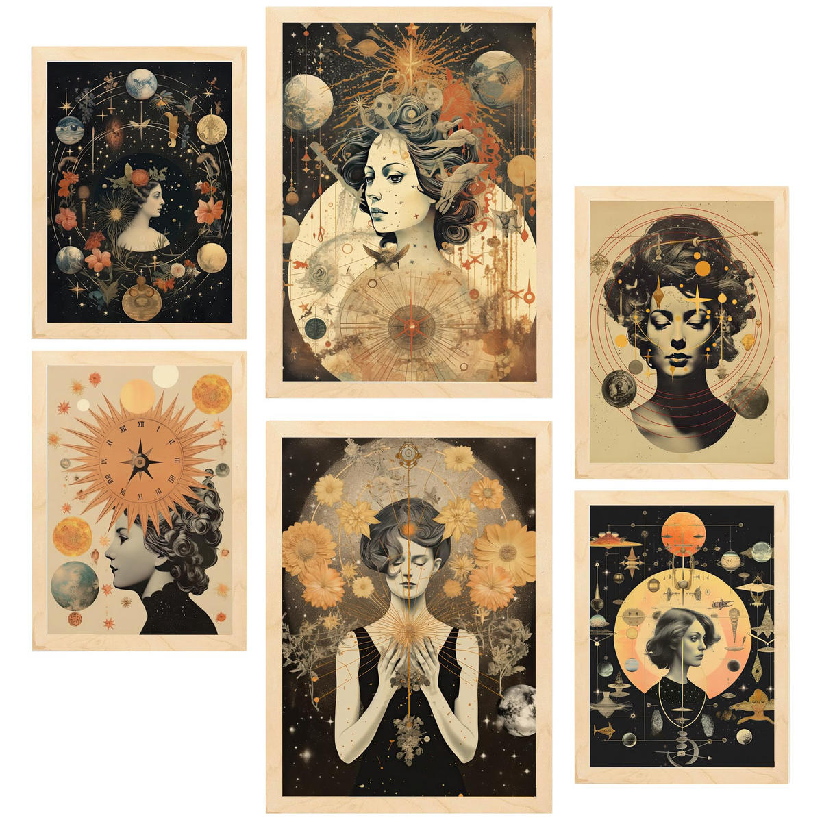 POSTER Set Mit 6 Femininen & Mystischen Esoterischen A3 & A4 Rahmen Aus Hellem Holz - Beige, Papier (29/3cm) - Nacnic