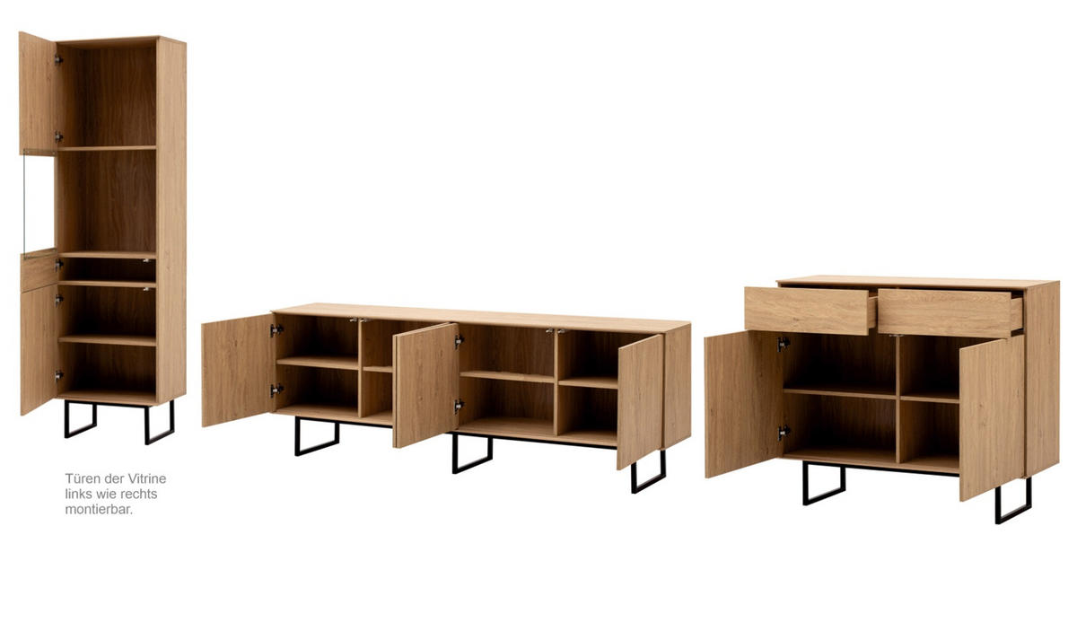 WOHNWAND Stone Eiche, Wohnkombination 3-teilig 400 cm, mit Push-to-Open - Eichefarben/Schwarz, Holzwerkstoff/Metall (400/200/40cm) - Furn.Design