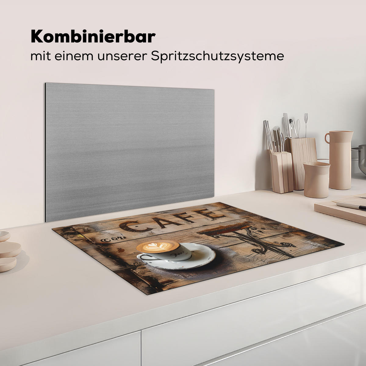 HERDABDECKPLATTE Cafe - Holz - Kaffee - Regale Induktionsmatte 71x52 cm - Schwarz, Kunststoff (71/52/0.2cm) - MuchoWow