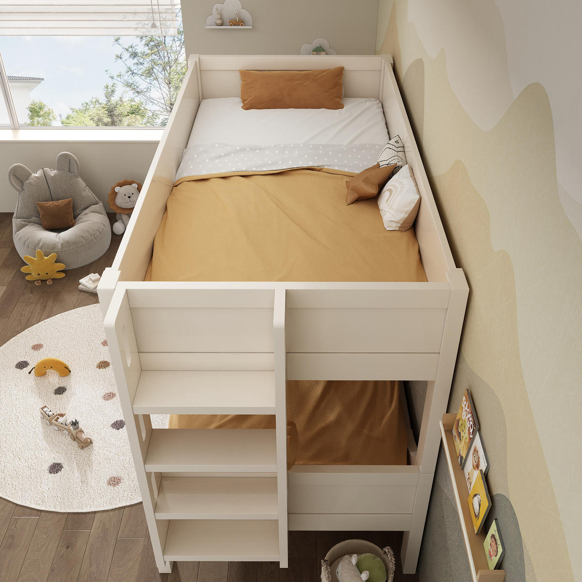 ETAGENBETT aus MDF 90x200 cm in Weiß mit flexibler Leiter - Weiß, Holzwerkstoff (90/200cm) - Modfu