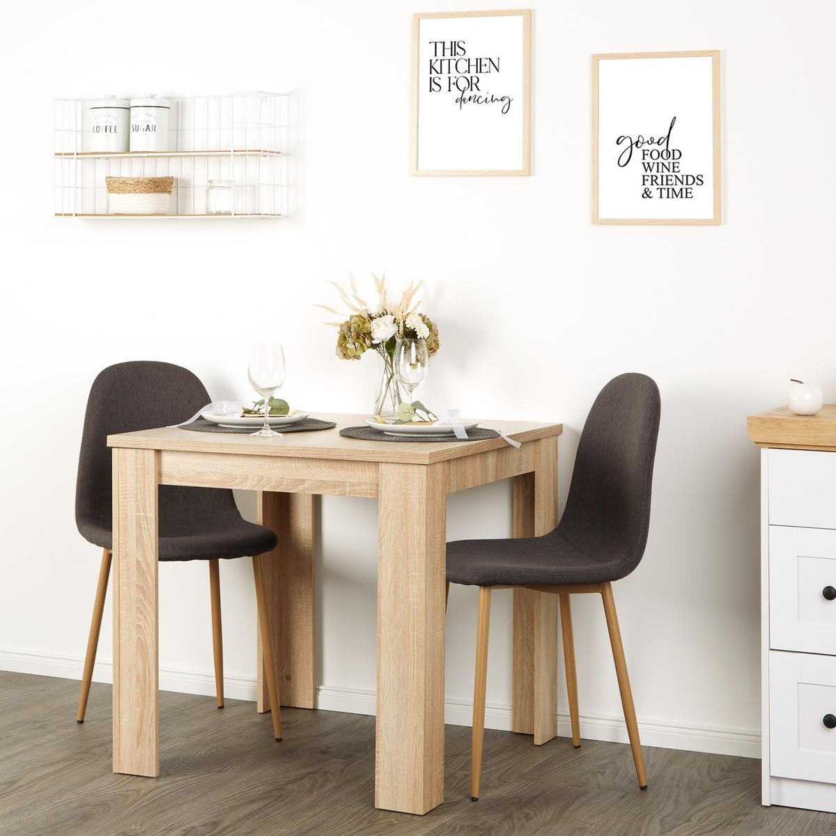 TISCHGRUPPE 80/80 cm in Natur mit 2 Stühle Anthrazit - Anthrazit/Naturfarben, Holz/Textil (80/88/80cm) - Homestyle4u