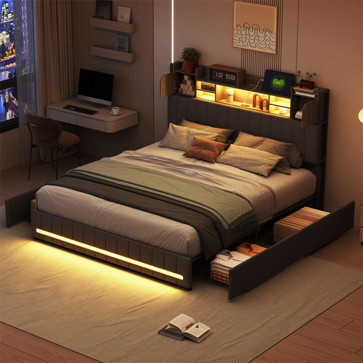 POLSTERBETT 140x190cm - Doppelbett 140x190cm mit Schubladen - RGB-LED-Beleuchtung - ohne Matratze - Grau - Grau, Textil (140/190cm) - DELFA