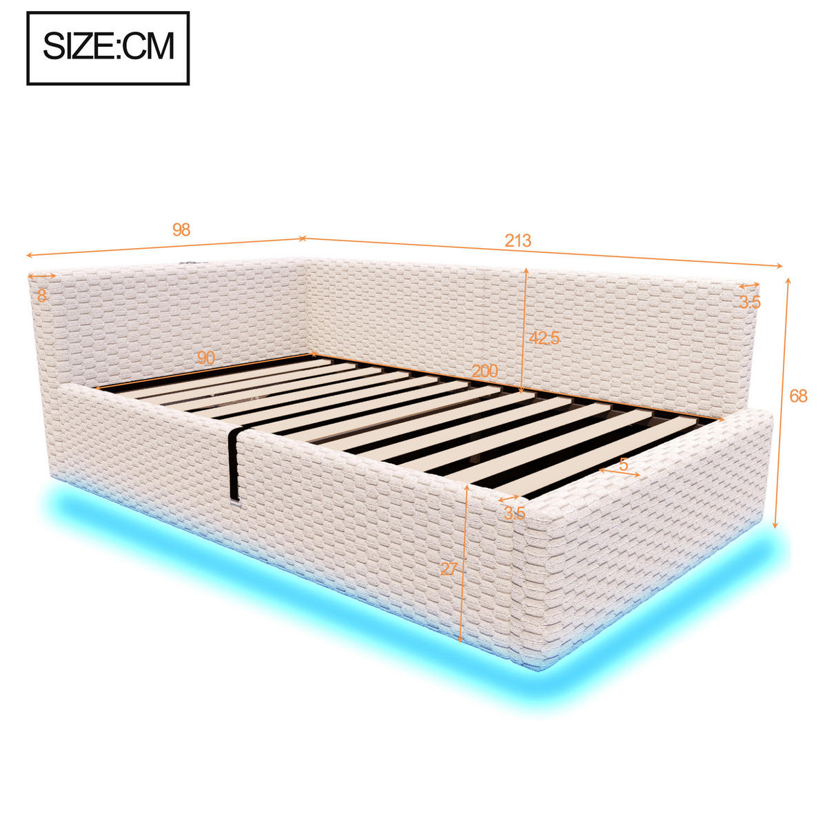 POLSTERBETT 90/200 cm Beige mit LED-Beleuchtung, USB-C-Anschluss und 2 USB-Anschlüssen - Beige, Textil (90/200cm) - Oxeza