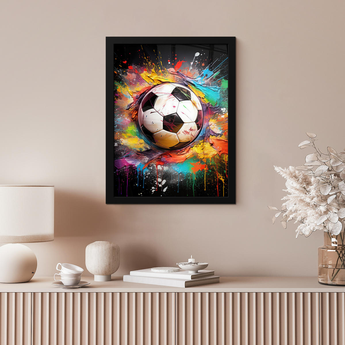 GERAHMTES BILD Fußball - Farbe - Farben - Schwarz - Weiß 30x40 cm - Weiß, Papier (30/40cm) - MuchoWow