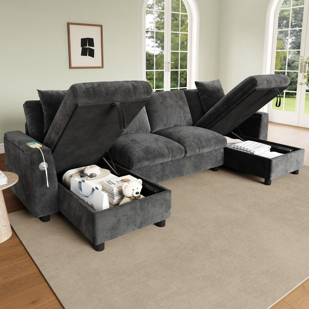 WOHNLANDSCHAFT Chenille Grau mit Stauraum, USB und Type-C - Grau, Holzwerkstoff/Kunststoff (284/84/135cm) - WISHDOR