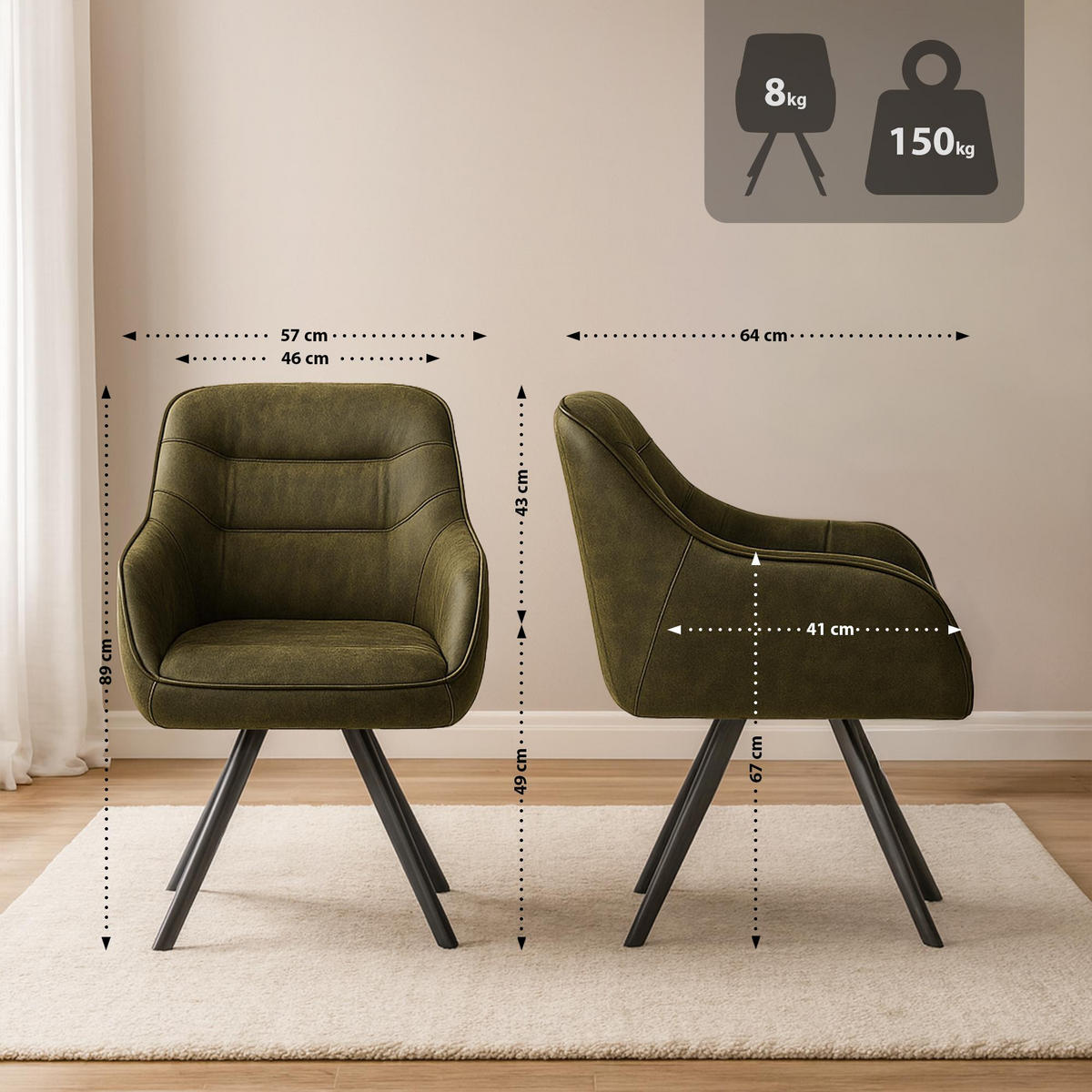 ESSZIMMERSTUHL Lederlook Antik-Grün - Schwarz/Grün, Textil/Metall (57/89/64cm) - CLP