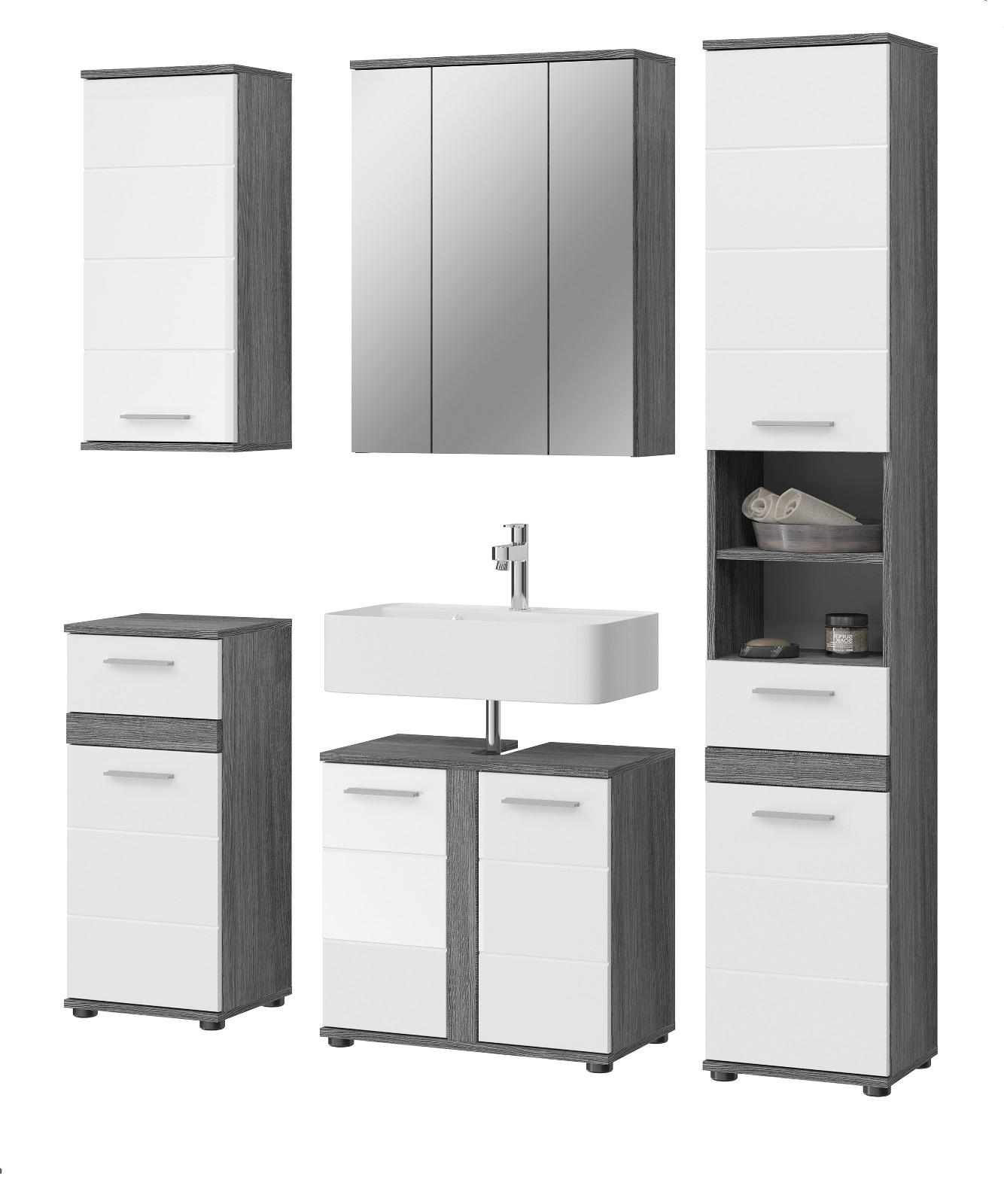 BADMÖBEL-SET weiß Hochglanz, grau 5-teilig 164 cm, Badkombination mit viel Stauraum - Weiß Hochglanz/Grau, Glas/Holzwerkstoff (164/191/34cm) - Inn.Furn