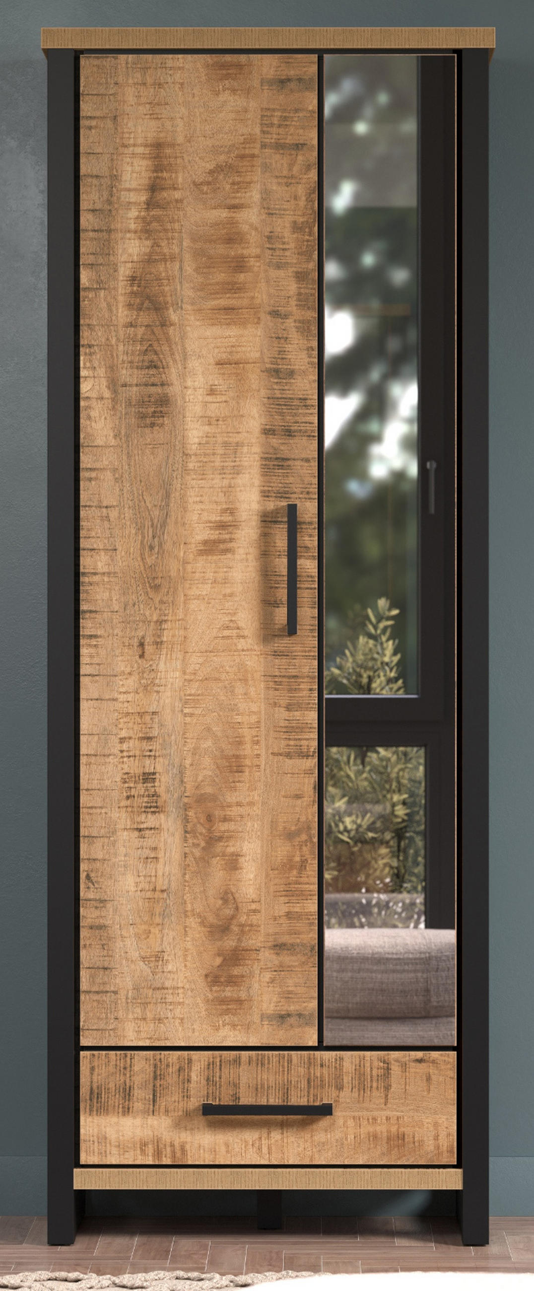 GARDEROBENSCHRANK Mango, schwarz 73 x 195 cm, Garderobe mit Spiegel - Schwarz/Naturfarben, Glas/Holzwerkstoff (73/195/39cm) - Top.Furn