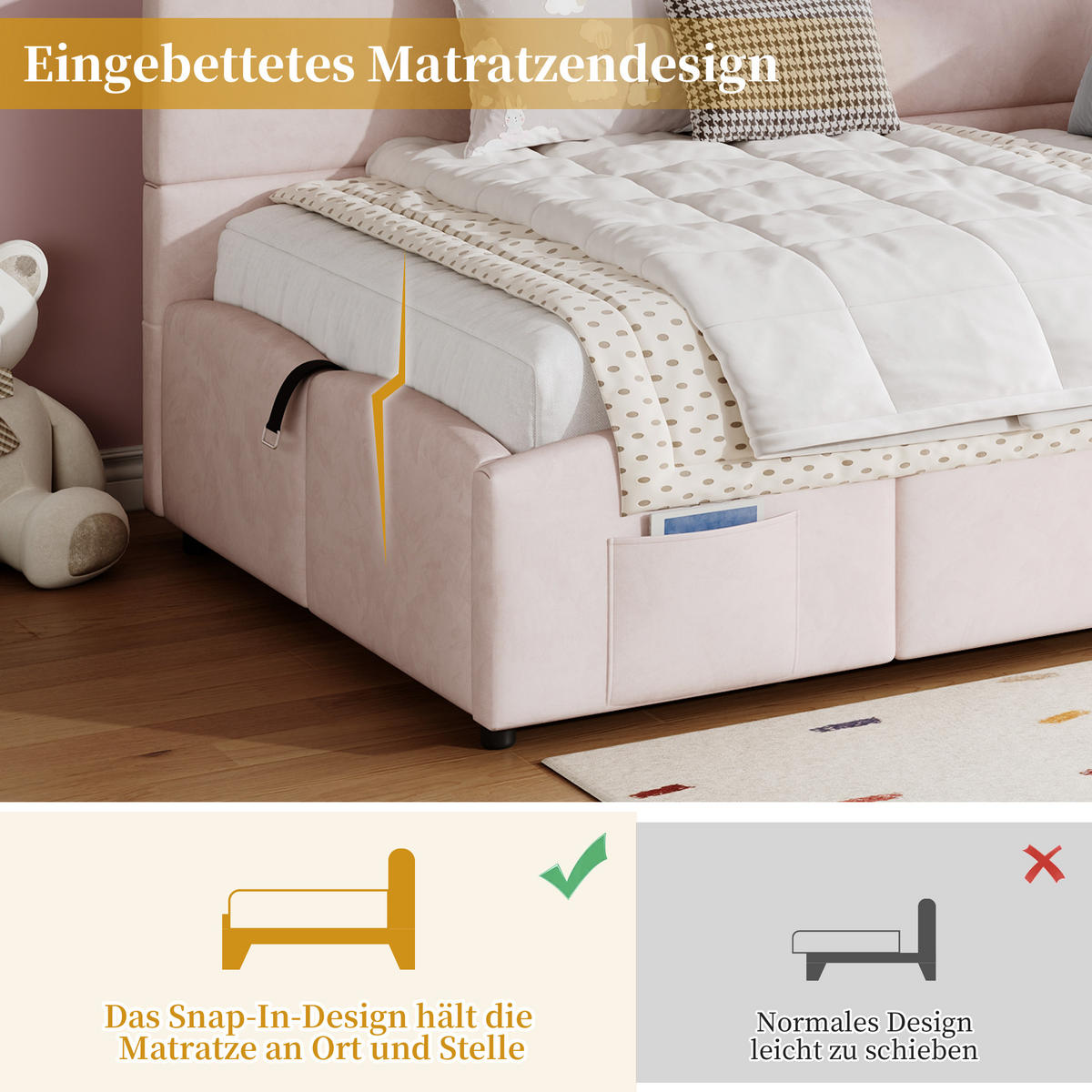 POLSTERBETT PANG-K8D2R5 90/200 cm Rosa - Rosa, Textil - PANGIVO