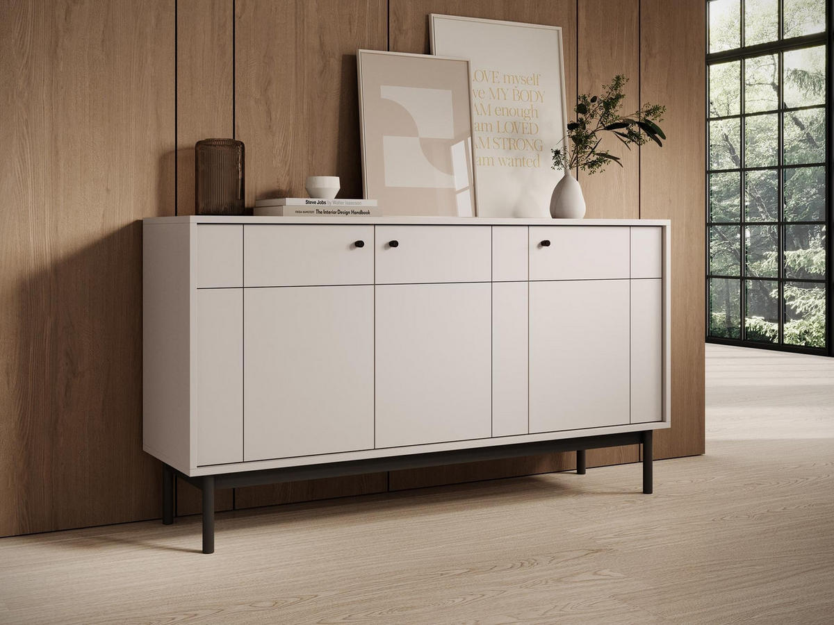 KOMMODE Panda Beige, Schwarze Beine, Dreitürige mit Schubladen - Beige/Schwarz, Holzwerkstoff (154/84/39cm) - Bettso