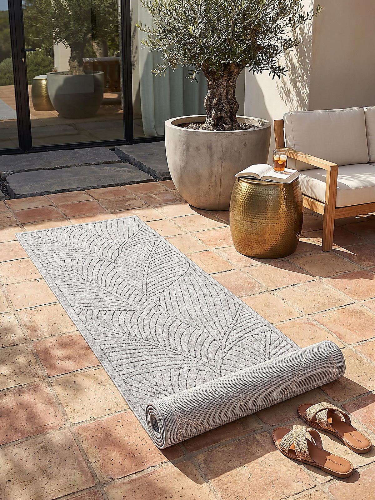 LÄUFER Outdoor, Fußbodenheizung-geeignet, mit Blattmotiv, ENGADIN in Silbergrau, 80 x 150 cm - Grau, Textil (80/150cm) - KADIMA DESIGN