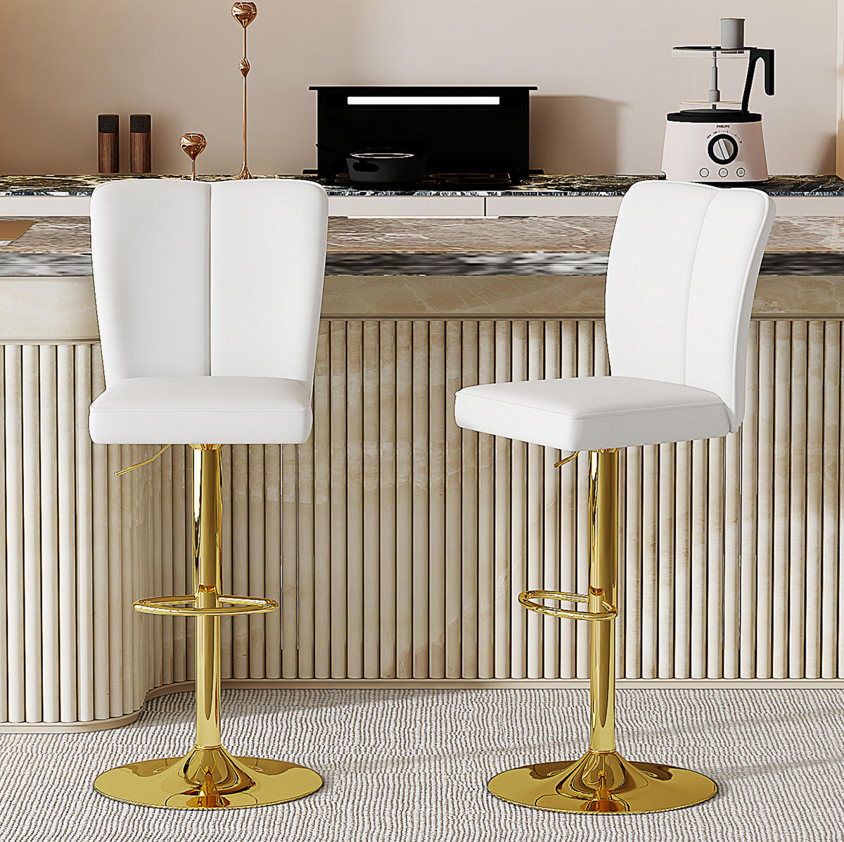 BARHOCKER 2er-Set höhenverstellbar drehbar Weiß Gold - Weiß, Metall (44/117.5/44.5cm) - Meubliv