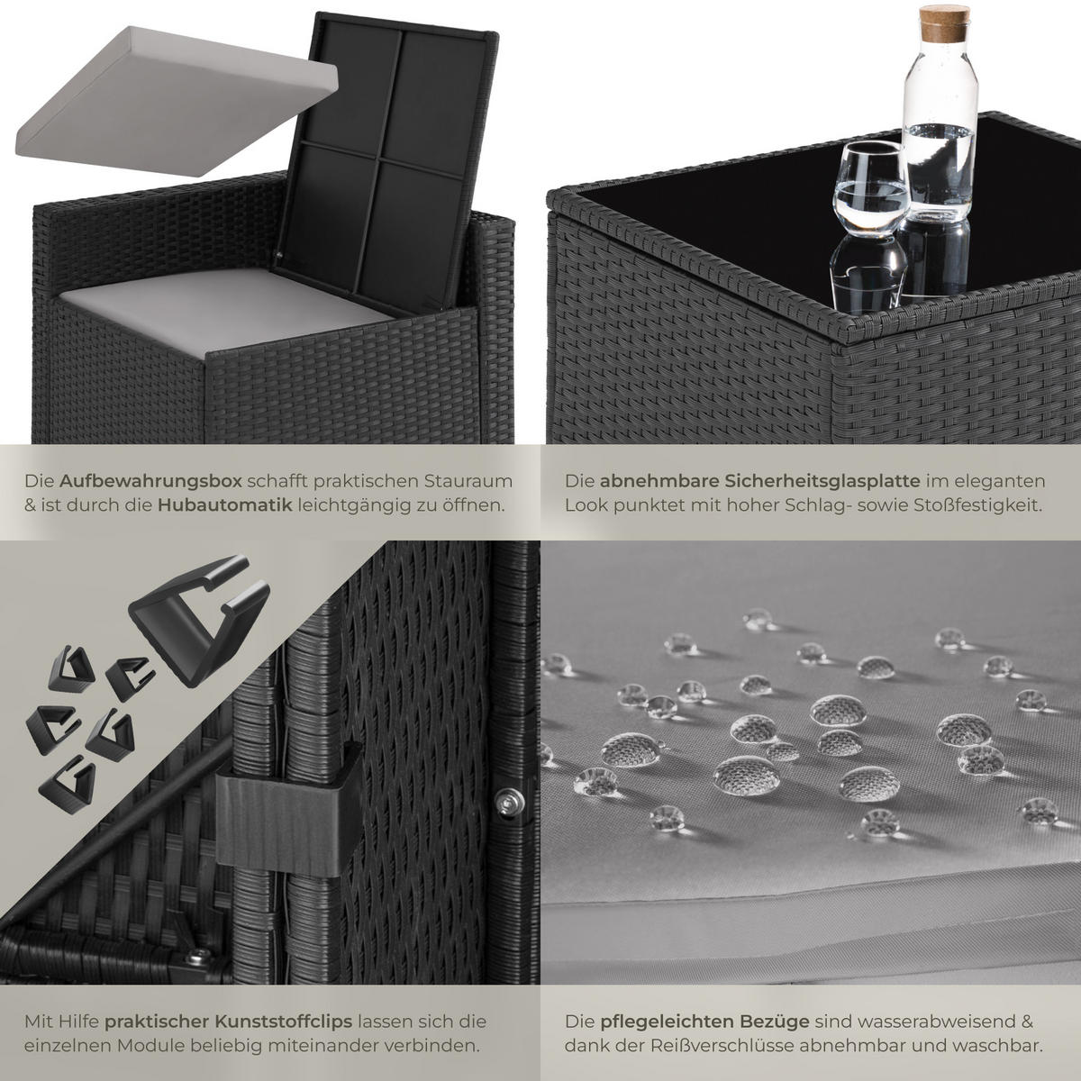 RATTANLOUNGE Verona,mit Sicherheitsglasplatte,schwarz - Schwarz, Kunststoff - tectake