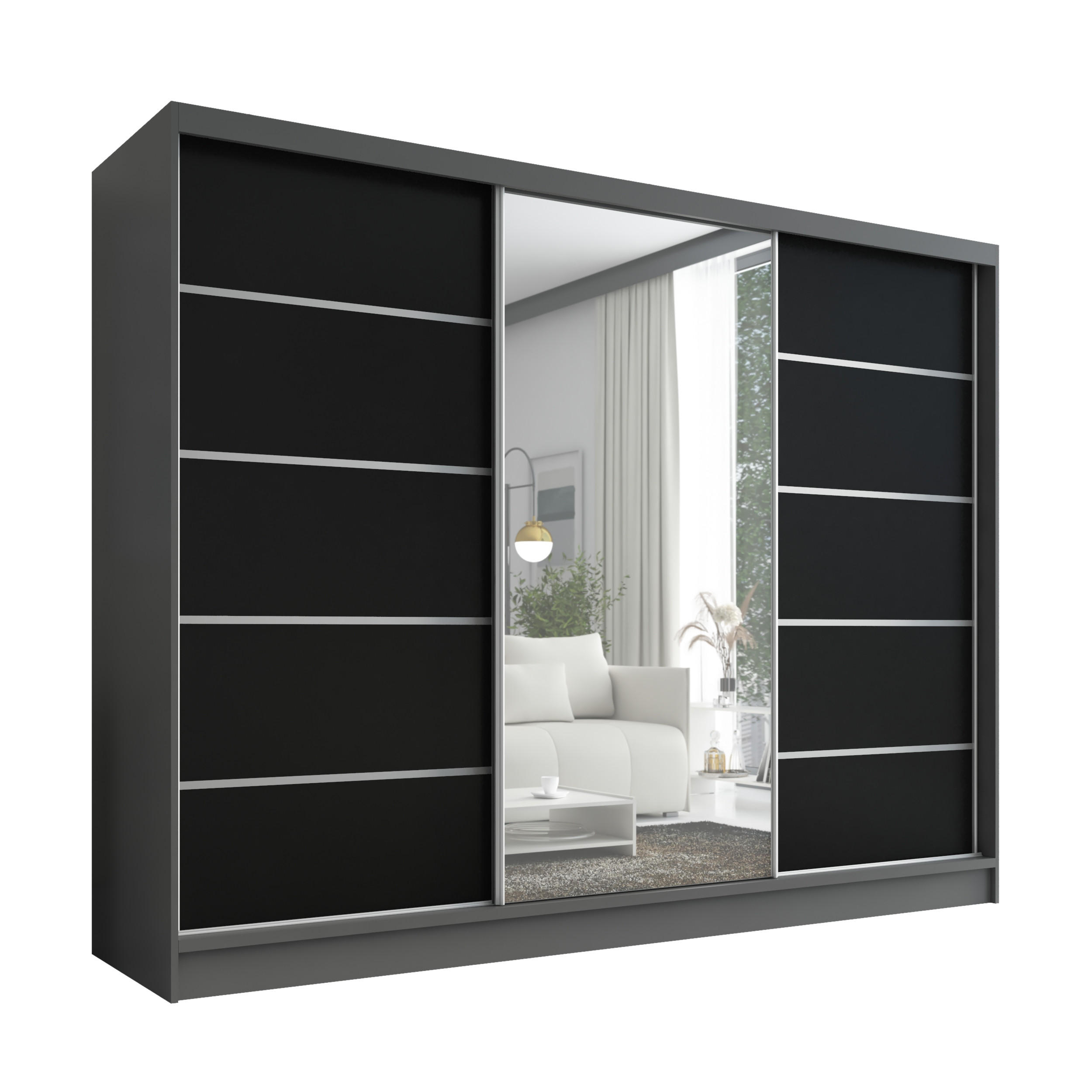 A&J MöbelLand Schwebetürenschrank Graphit, Schwarz 200x215x60 cm