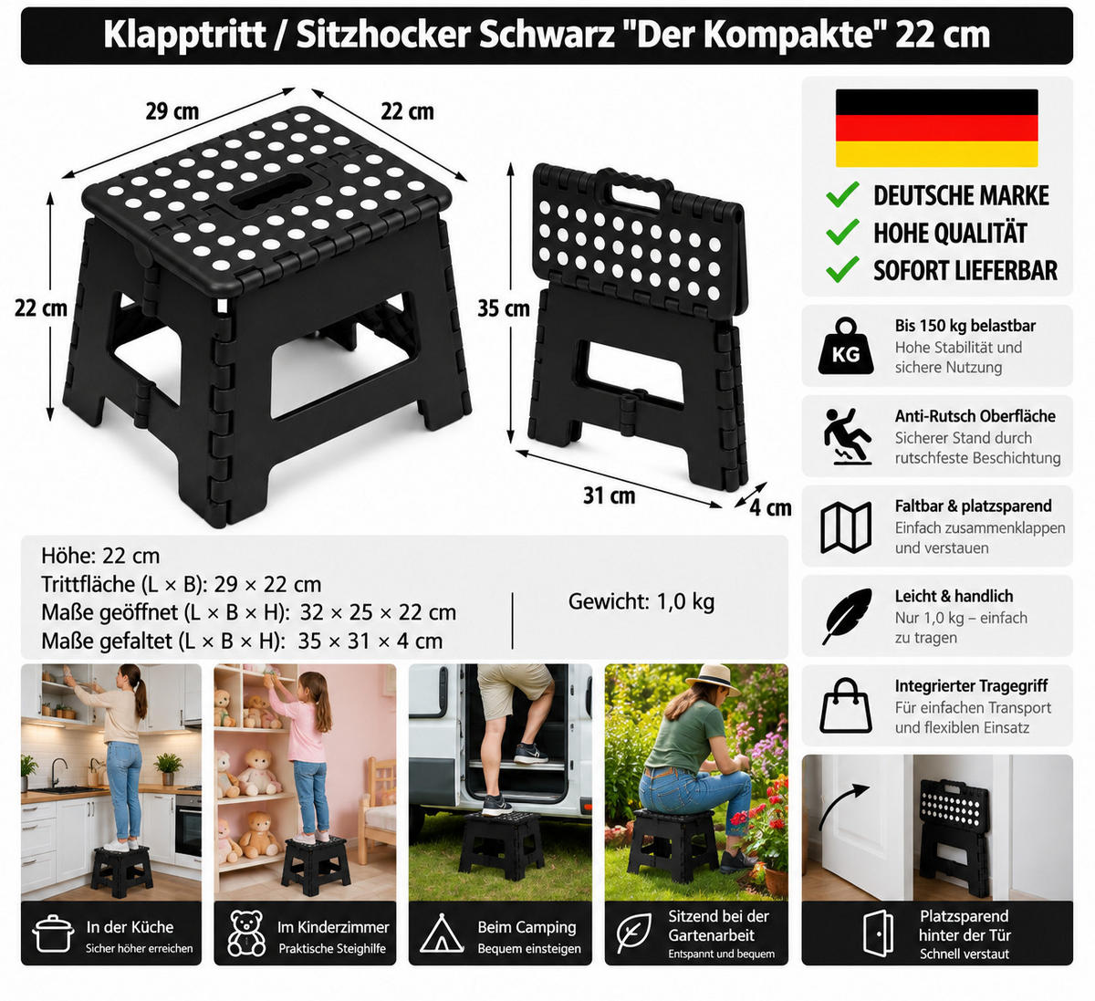 KLAPPHOCKER, Klapptritt 22 cm für Kinder faltbar bis 150 kg Schwarz - Schwarz, Paraffin (25/22/32cm)