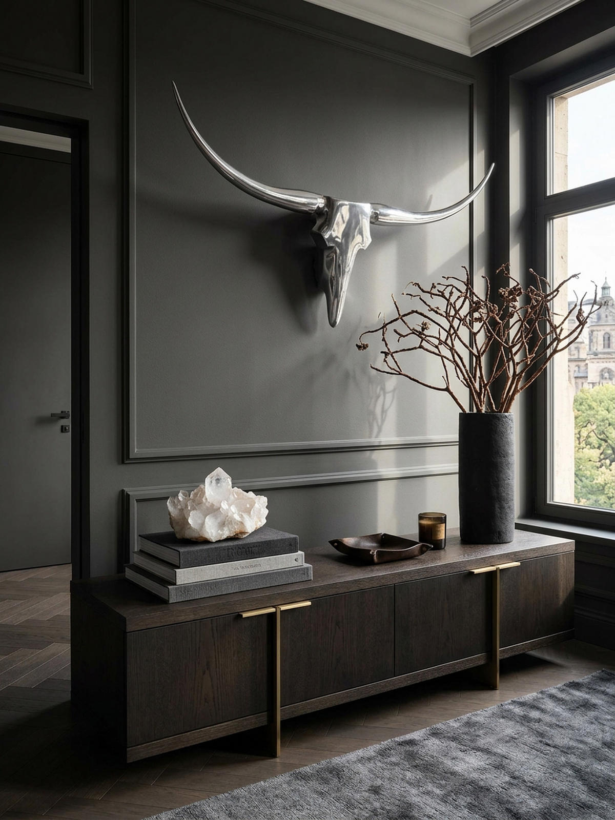 WANDDEKO Bull Geweih aus Aluminium 125 cm Breite, Silber 100x5x35 cm - Silberfarben, Metall (100/35/5cm) - KADIMA DESIGN