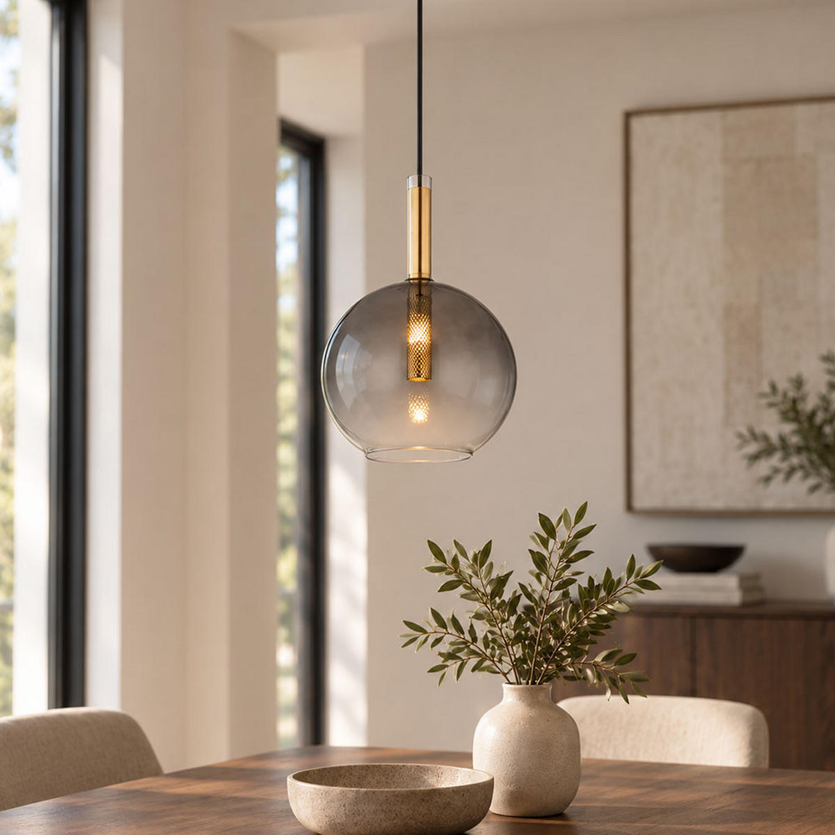 HÄNGELEUCHTE, Rauchglas, Schwarz, höhenverstellbar - Schwarz, Glas (18/18/120cm) - Globo Lighting