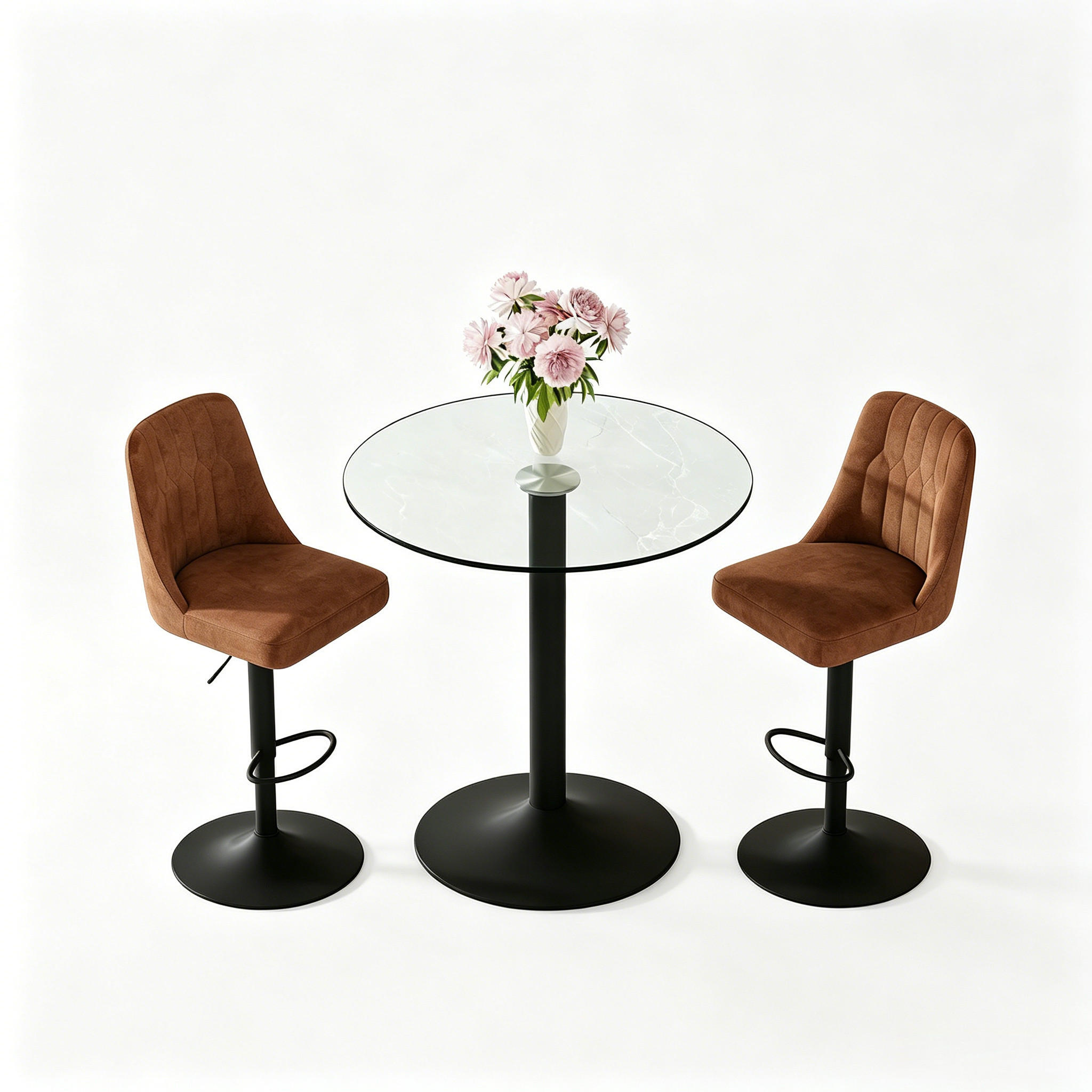 TISCHGRUPPE 3-tlg Glastisch 89cm mit 2 drehbaren Barhockern - Braun, Glas/Metall (56/50/61cm) - Raelunyi