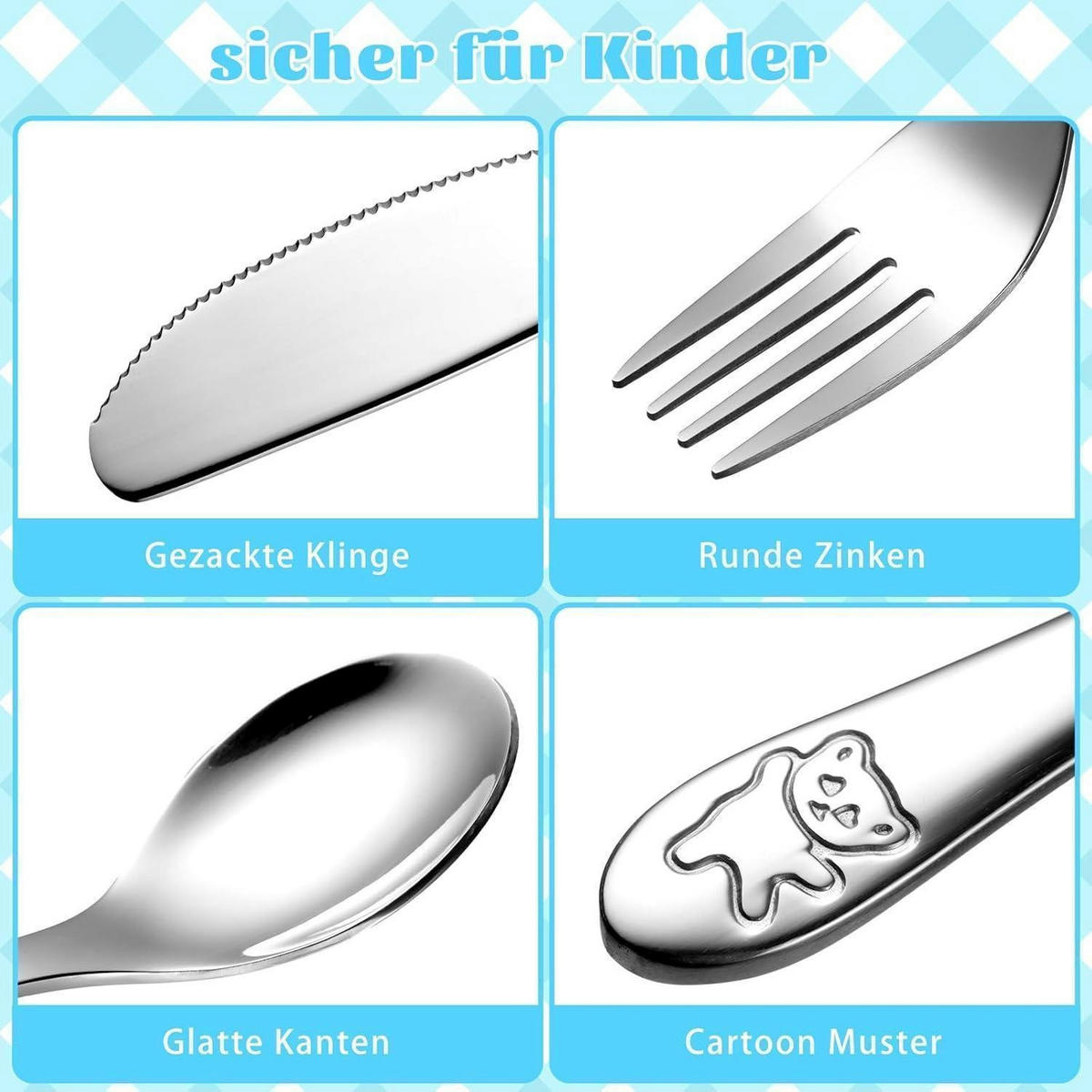 KINDERBESTECK 4-teiliges Set Edelstahl mit Bärenmuster, für Kinder ab 3 Jahre - Silberfarben, Metall