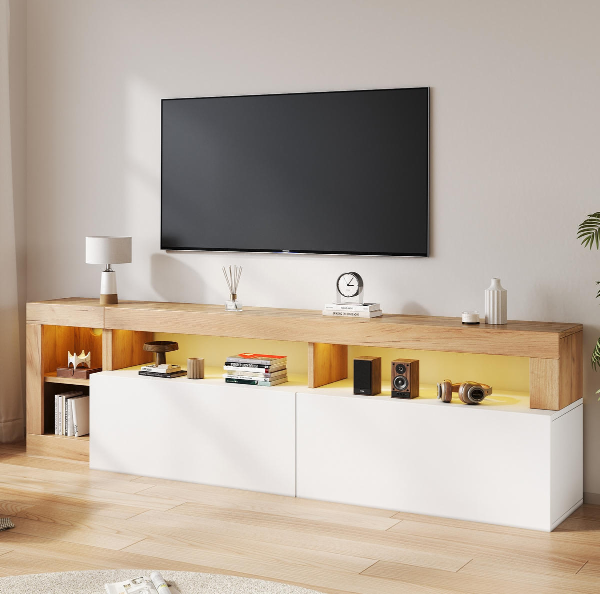 TV stolek 184/42/58 cm bílý z dřevotřísky s LED osvětlením a úložným prostorem - bílá, kompozitní dřevo (184/58/42cm) - OKWISH