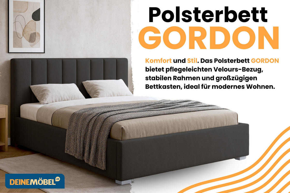 POLSTERBETT GORDON 180/200 in Velours Anthrazit - Anthrazit, Holz/Holzwerkstoff (180/200cm) - Deine Möbel 24