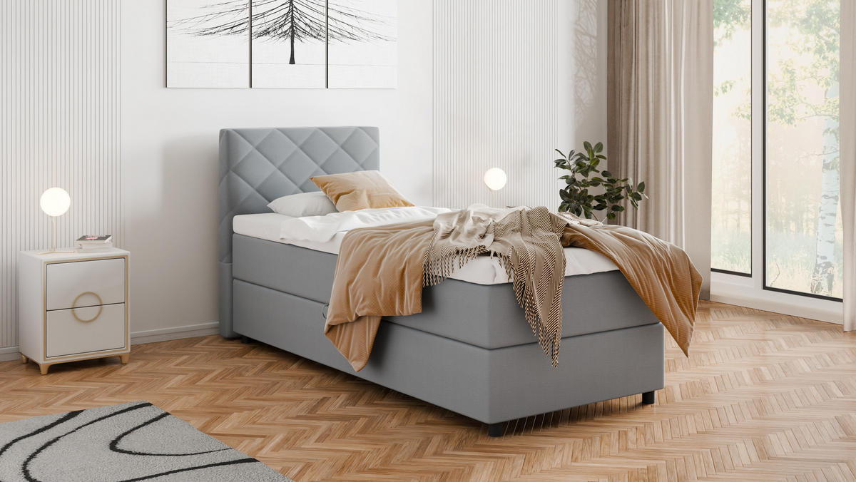 BOXBETT Diamaro 90x200 cm mit Bettkasten und Topper - Hellgrau - Hellgrau, Holz (90/200cm) - Panda Möbel