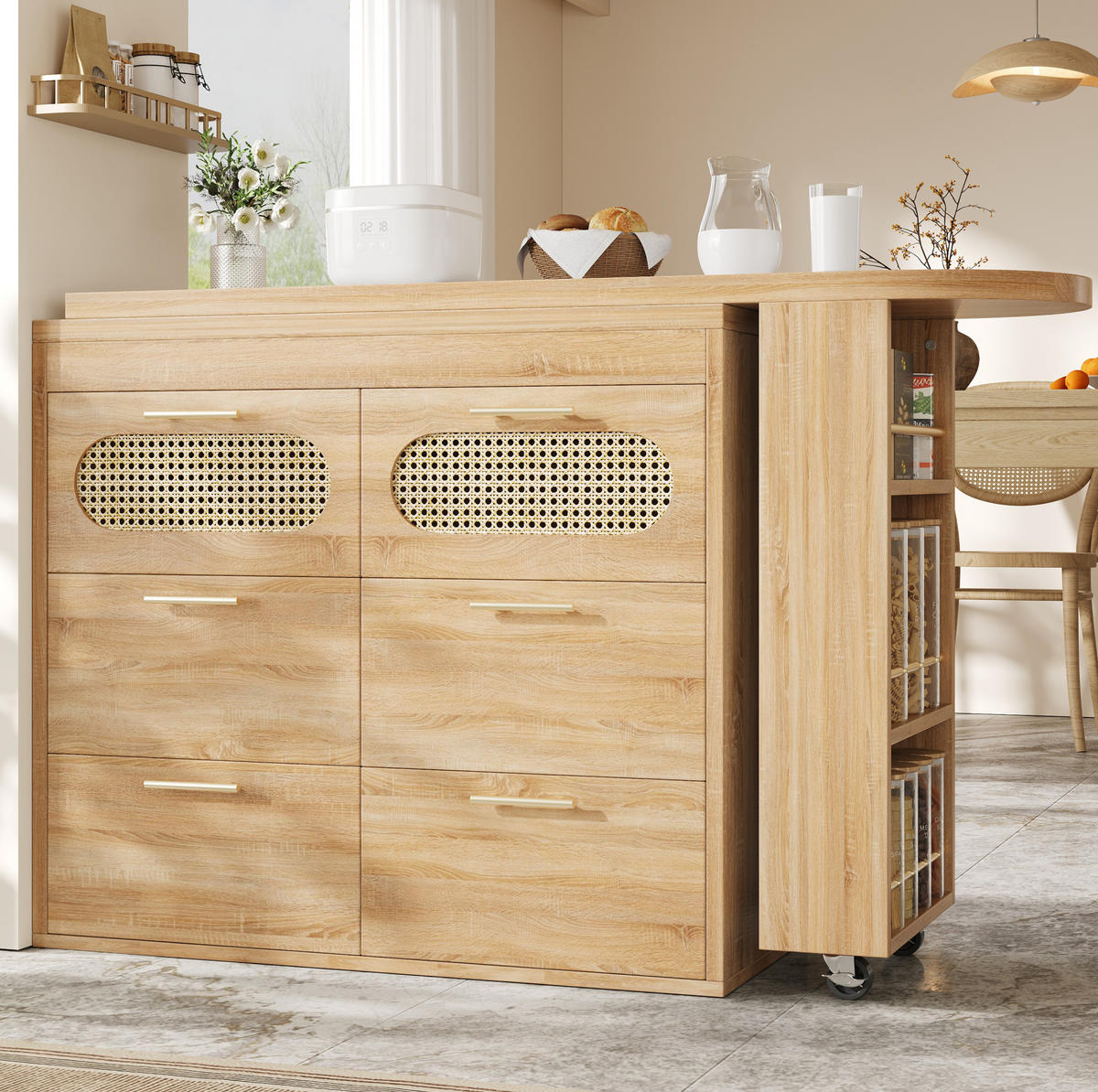 BARTISCH 128-203/39/90 cm in Natur mit 360° Drehfunktion & 6 Schubladen - Naturfarben, Holzwerkstoff (39/203/90cm) - BEAOK