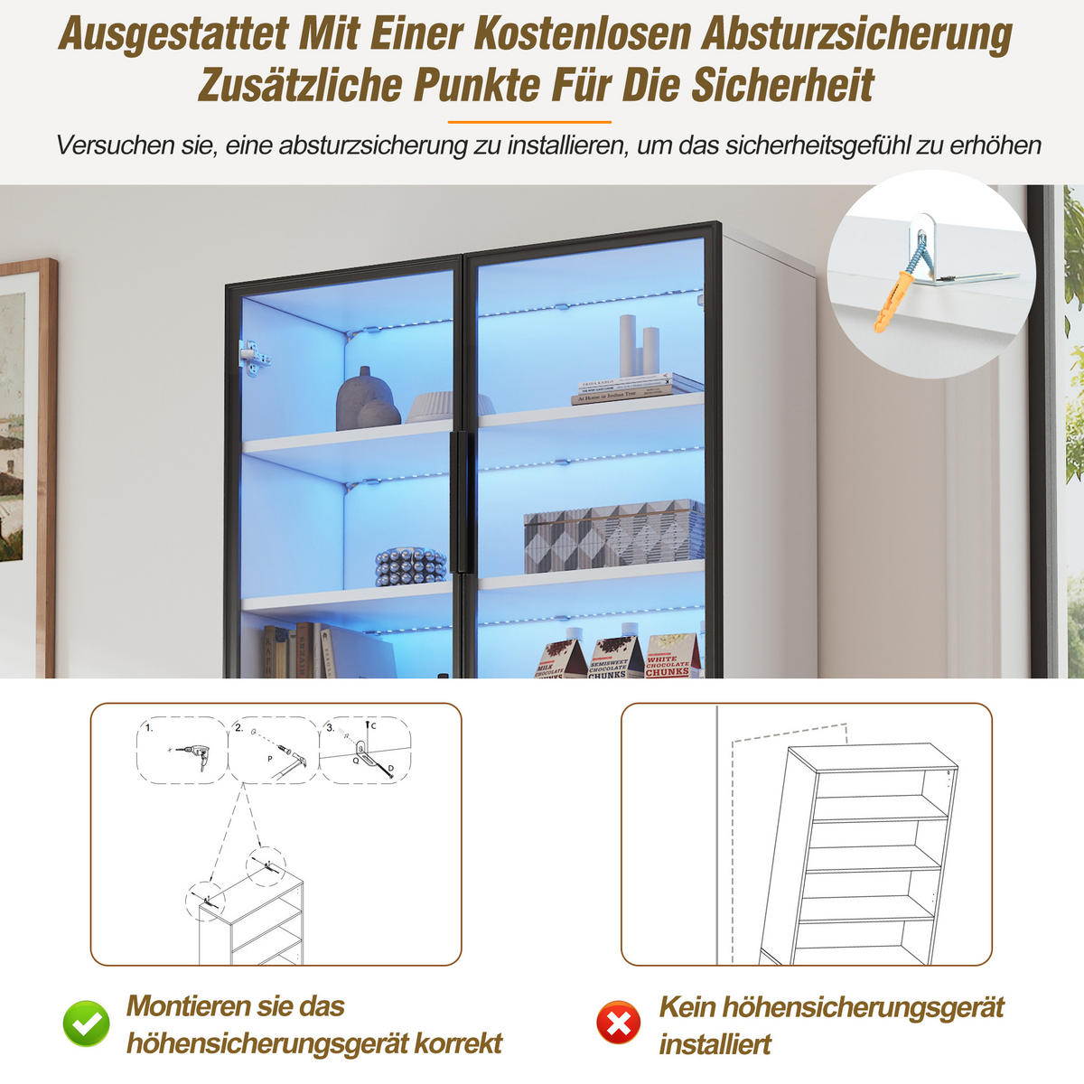VITRINE LED Glas Hochschrank 2 Türen Schubladen Weiß - Weiß, Holzwerkstoff (70/200/30cm) - FLIEKS