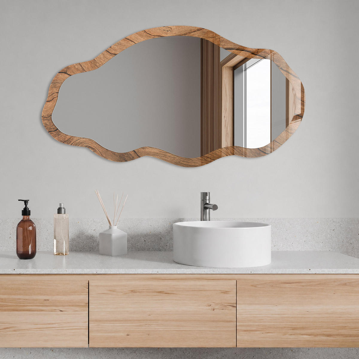 SPIEGEL 90x45 cm asymmetrisch mit Druck - Holzstruktur - Transparent, Glas (45/90/0.4cm) - TULUP