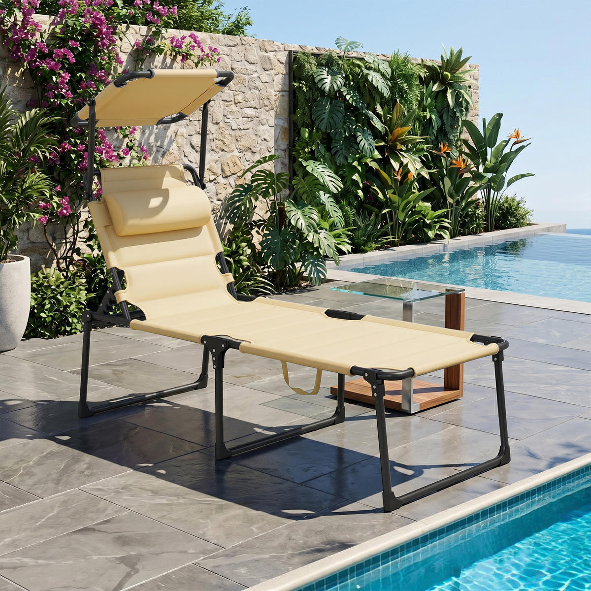 SONNENLIEGE DE-15640 70/200/45 cm mit Sonnendach & Kopfkissen Creme - Creme, Metall (70/45/200cm) - ComfortXL