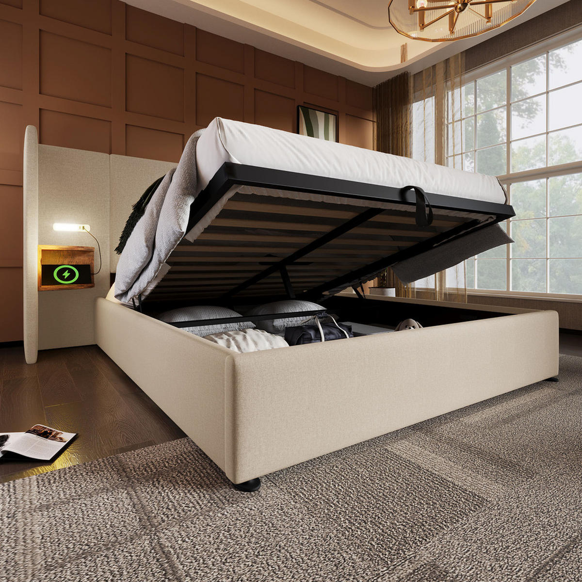 POLSTERBETT 160x200cm Doppelbett mit Nachttisch Leselampe & USB-C Beige - Beige, Holz - FLIEKS