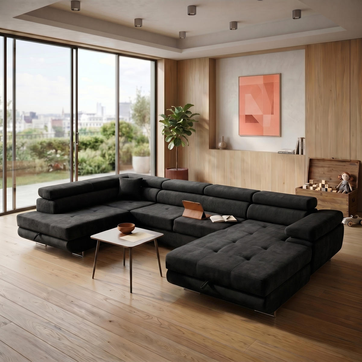 ECKSOFA U-Form WILD U Links mit Schlaffunktion 130x260 Chenille Schwarz - Silberfarben/Schwarz, Holz/Textil (350/90/203cm) - Muffo