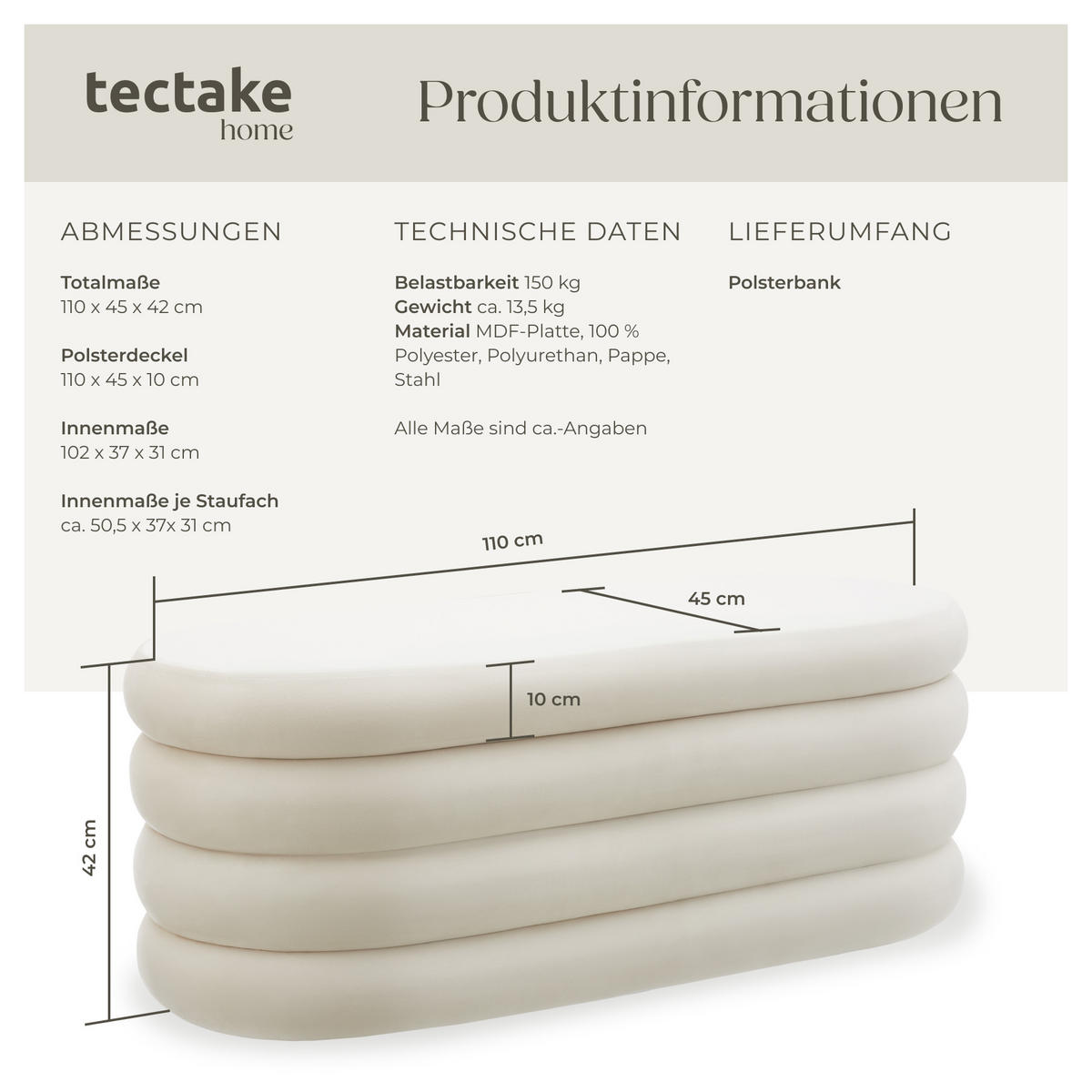 POLSTERBANK Altu,110 x 45 x 42 cm,Samtoptik creme-weiß - Weiß/Samtahornfarben, Holz (110/42/45cm) - tectake