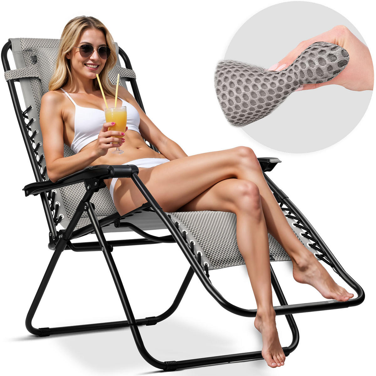 GARTEN-RELAXSESSEL Klappbarer mit Kissen, Grau - Grau, Metall (60/107/160cm)