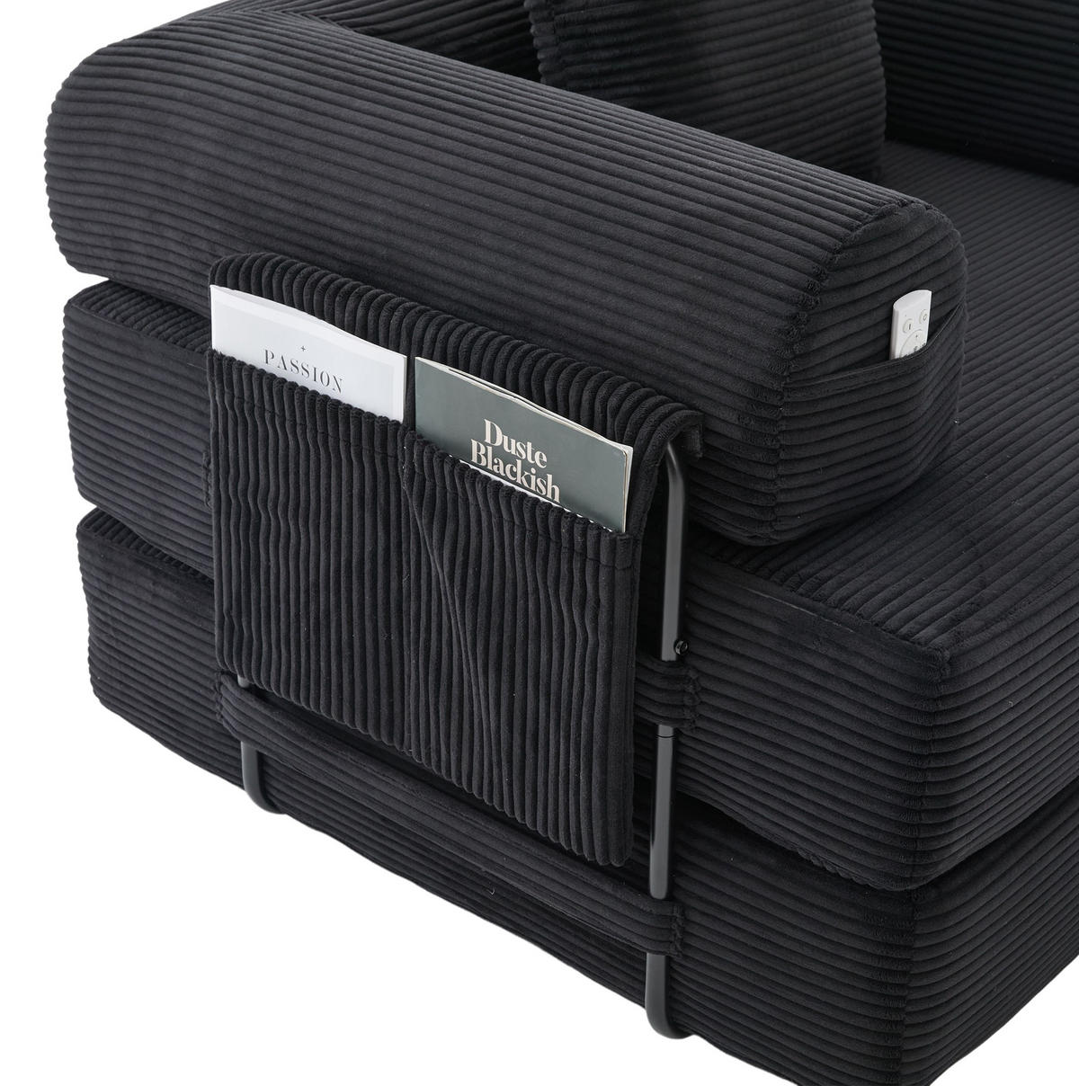 SESSEL mit Hocker 112/190/67 cm frei kombinierbar, Cordbezug, ergonomisch und montagefrei, Schwarz - Schwarz, Textil (190/67/112cm) - Redom