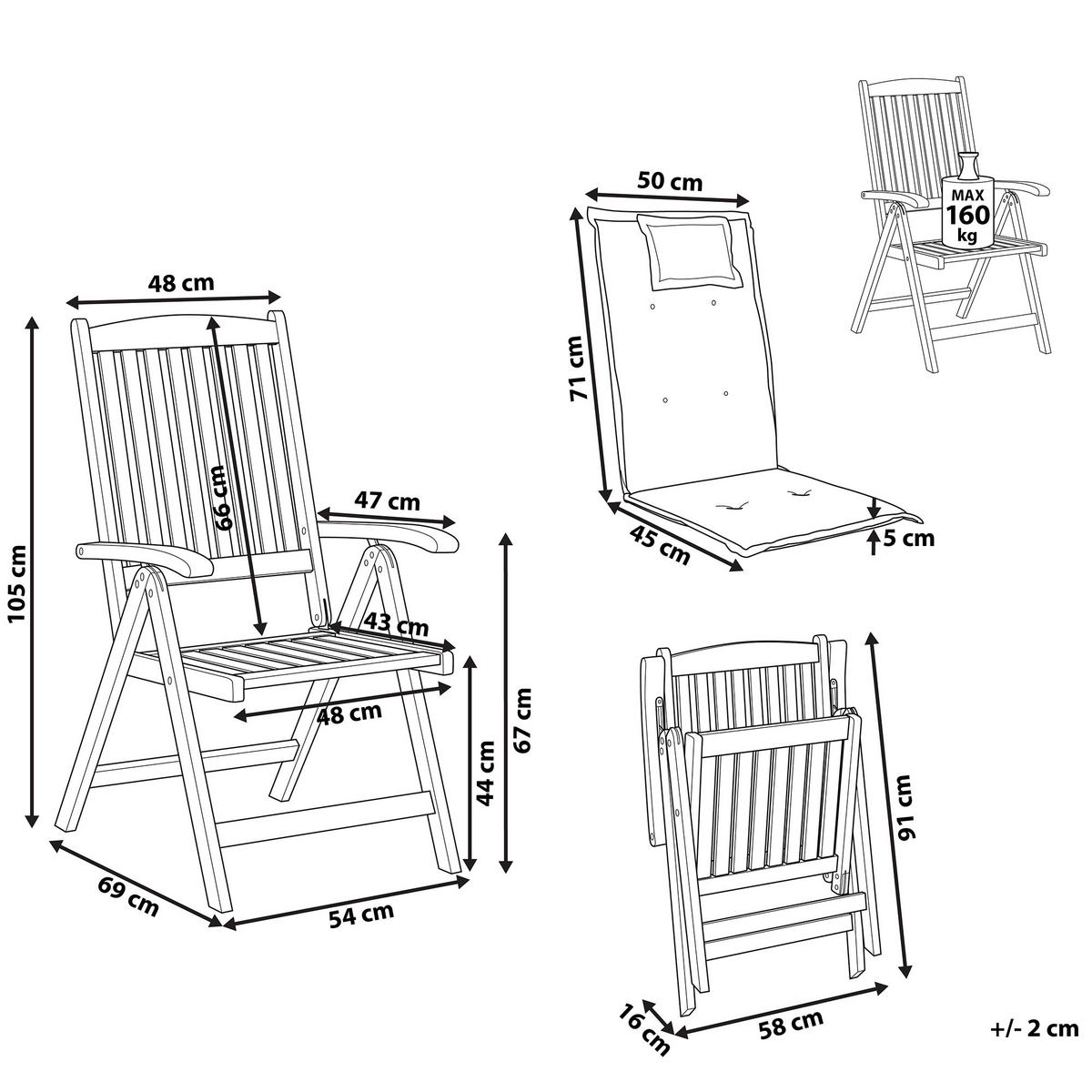 GARTENSTUHL 6er-Set Akazienholz hellbraun Auflagen blau Java - Hellbraun/Blau, Holz (54/105/69cm) - Beliani
