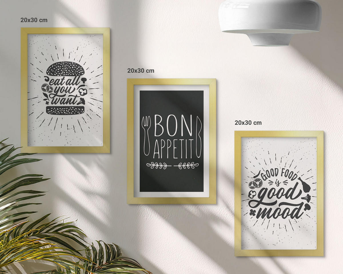 BILDER SET 3er Set - 20x30 cm Goldrahmen - Grafiken, Lebensmittel, kulinarische Slogans - Goldfarben, Kunststoff (20/30cm) - TULUP