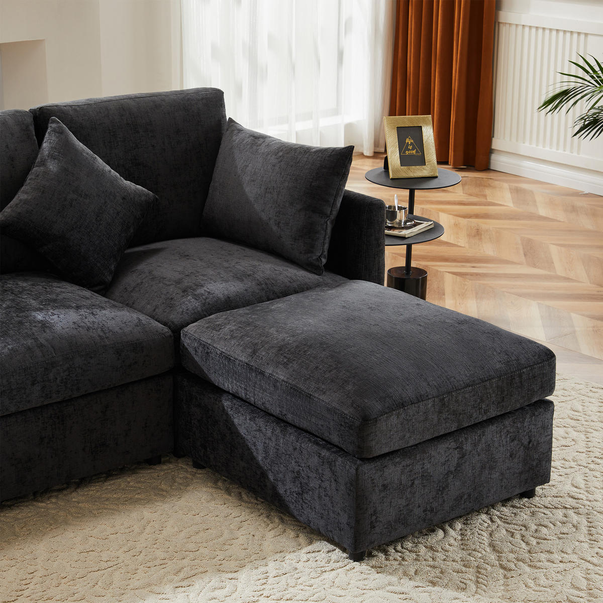 4-SITZER ECKSOFA Chenille Grau mit Hocker und Kissen - Grau, Holzwerkstoff/Kunststoff (216/161cm) - WISHDOR