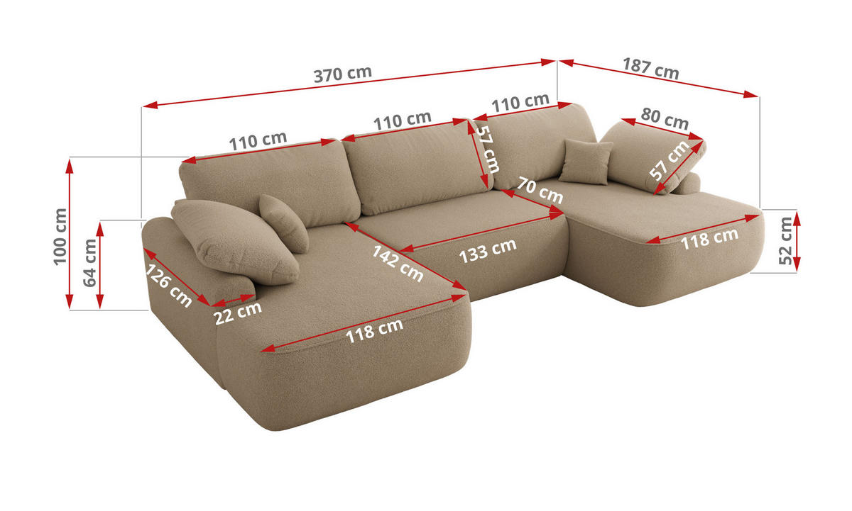 WOHNLANDSCHAFT CUBO U Hellbraun Boucle - Schwarz/Braun, Kunststoff/Textil (370/100/187cm) - MKS