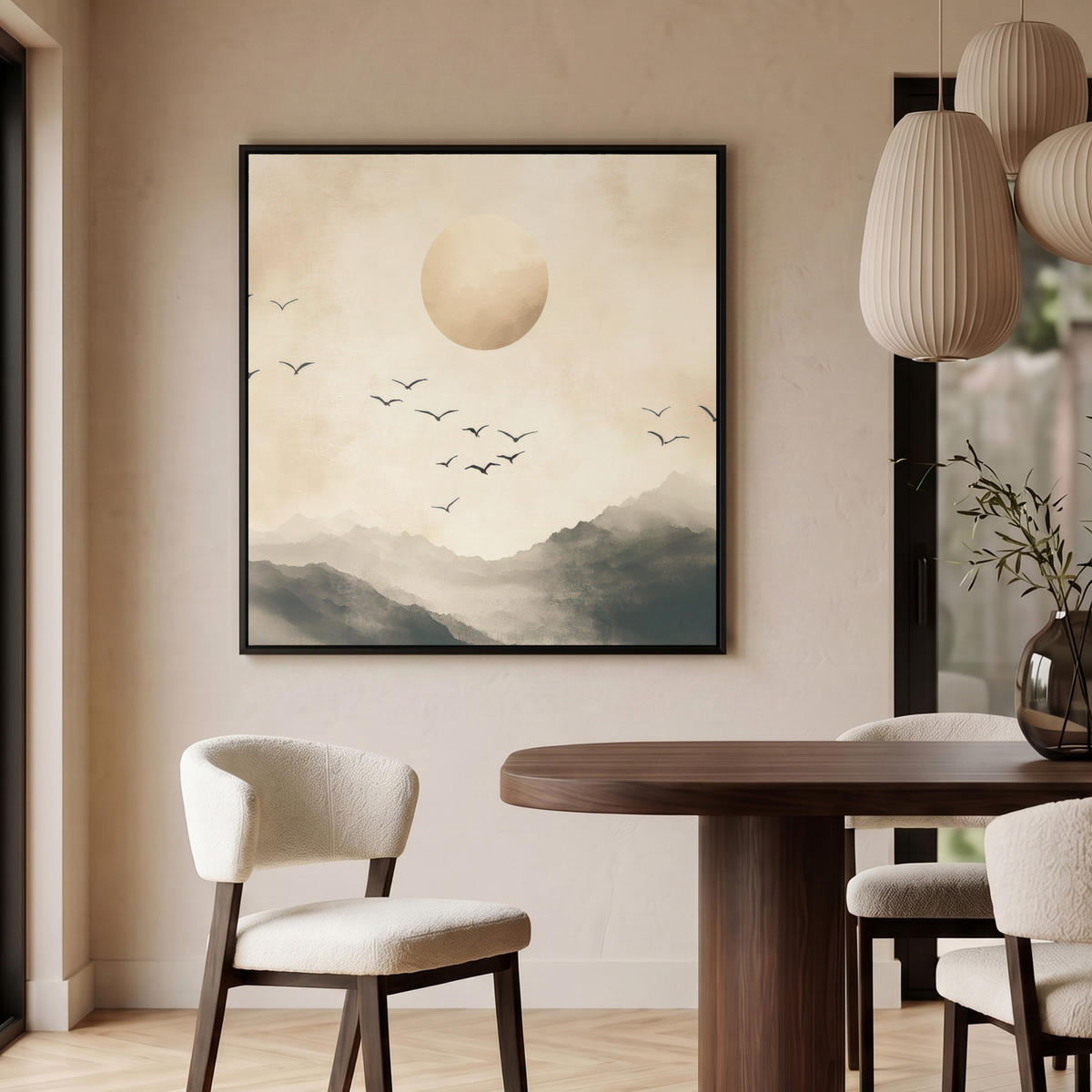 LEINWAND Bilder mit Rahmen - Landschaft - Japandi - Vogel - 90x90 - Beige, Textil (90/90cm) - MuchoWow
