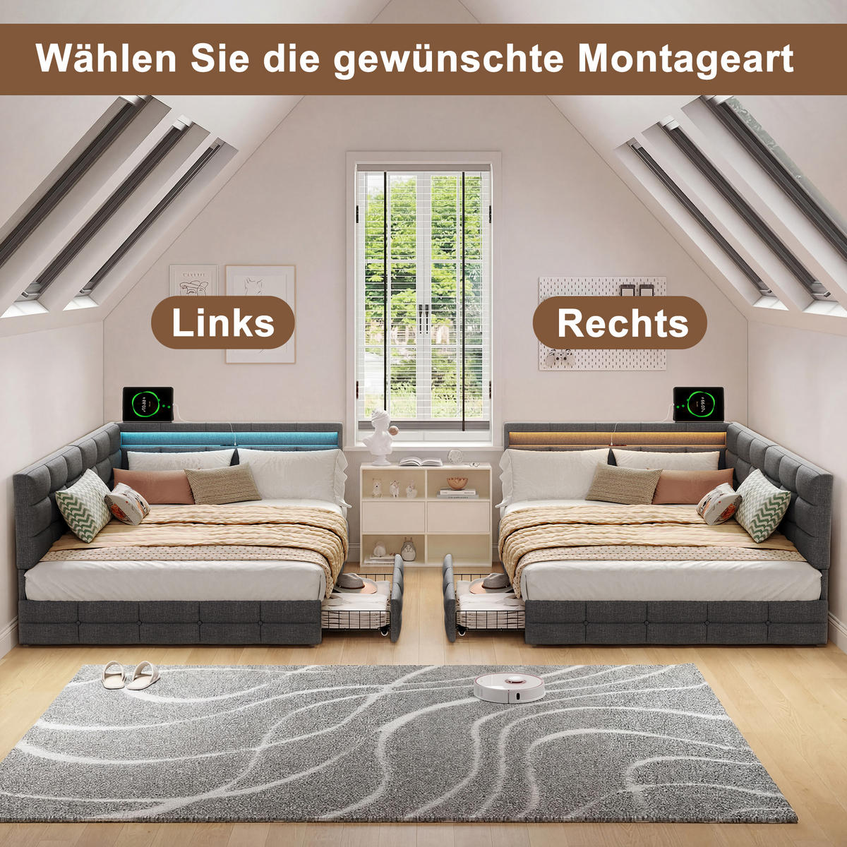 POLSTERBETT 140x190 cm Tagesbett mit 2 Schubladen, LED & USB, Doppelbett mit L-förmigem Kopfteil, Grau - Grau, Metall (140/190cm) - EuroLiving