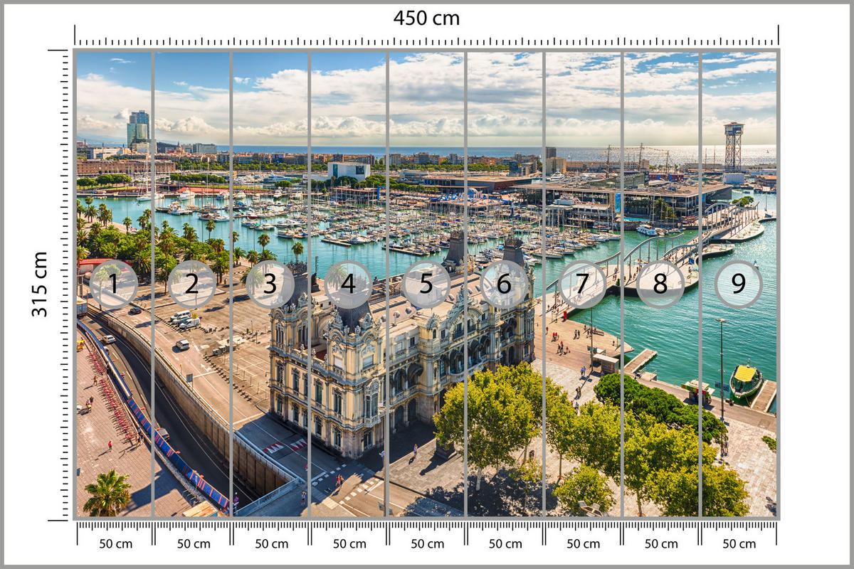 FOTOTAPETA Pre Obývaciu Izbu Barcelona Prístav Lode Pamiatky 450 x 315 cm - sivá/biela, papier (450/315cm) - Muralo