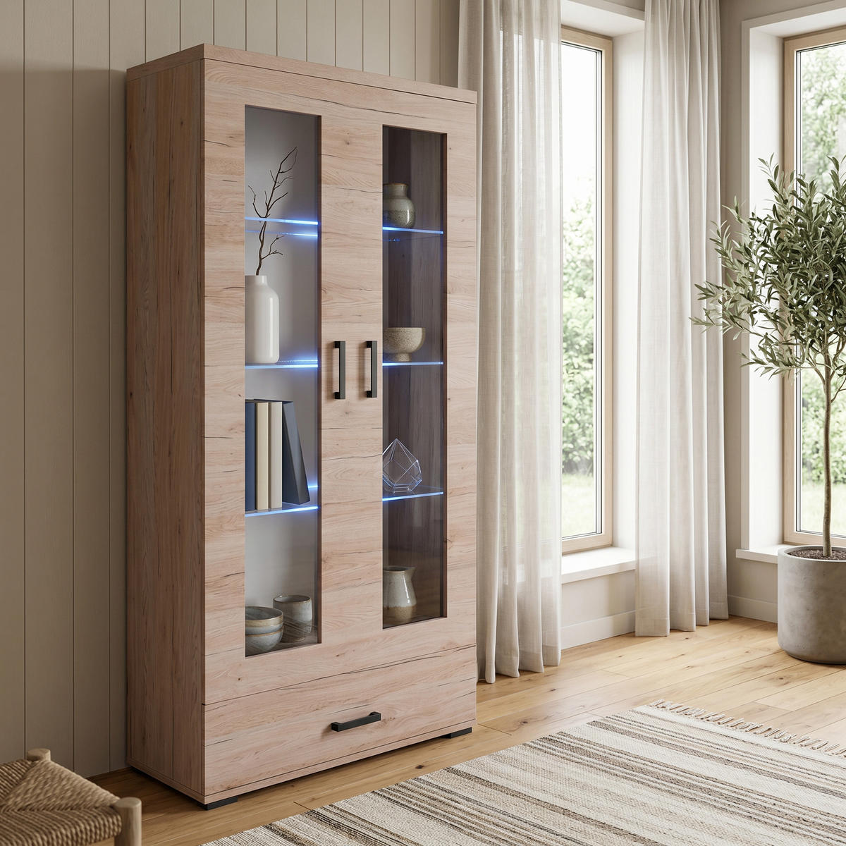 VITRINENSCHRANK LIVORNO 188 x 80 cm Eichefarben - Eichefarben, Holzwerkstoff (80/188/40cm) - MASSENO
