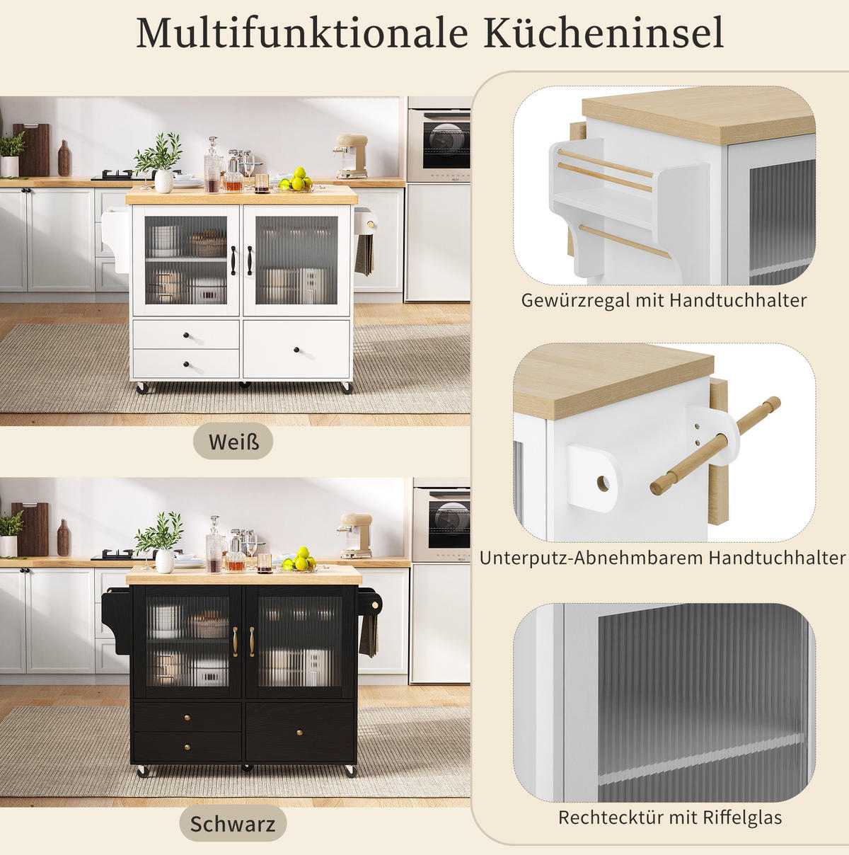 KÜCHENINSEL 100/42-70/91,5 cm weiß natur mit klappbarer Arbeitsplatte und Rollen - Weiß, Holzwerkstoff (100/91.5/70cm) - OKWISH