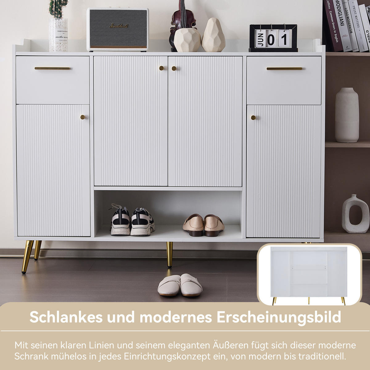 SCHUHSCHRANK in Weiß Schuhregal mit 2 Schubladen und 4 Türen für Flur, B130/T37/H100cm - Goldfarben/Weiß, Holzwerkstoff/Metall (130/100/37cm) - STILVORA