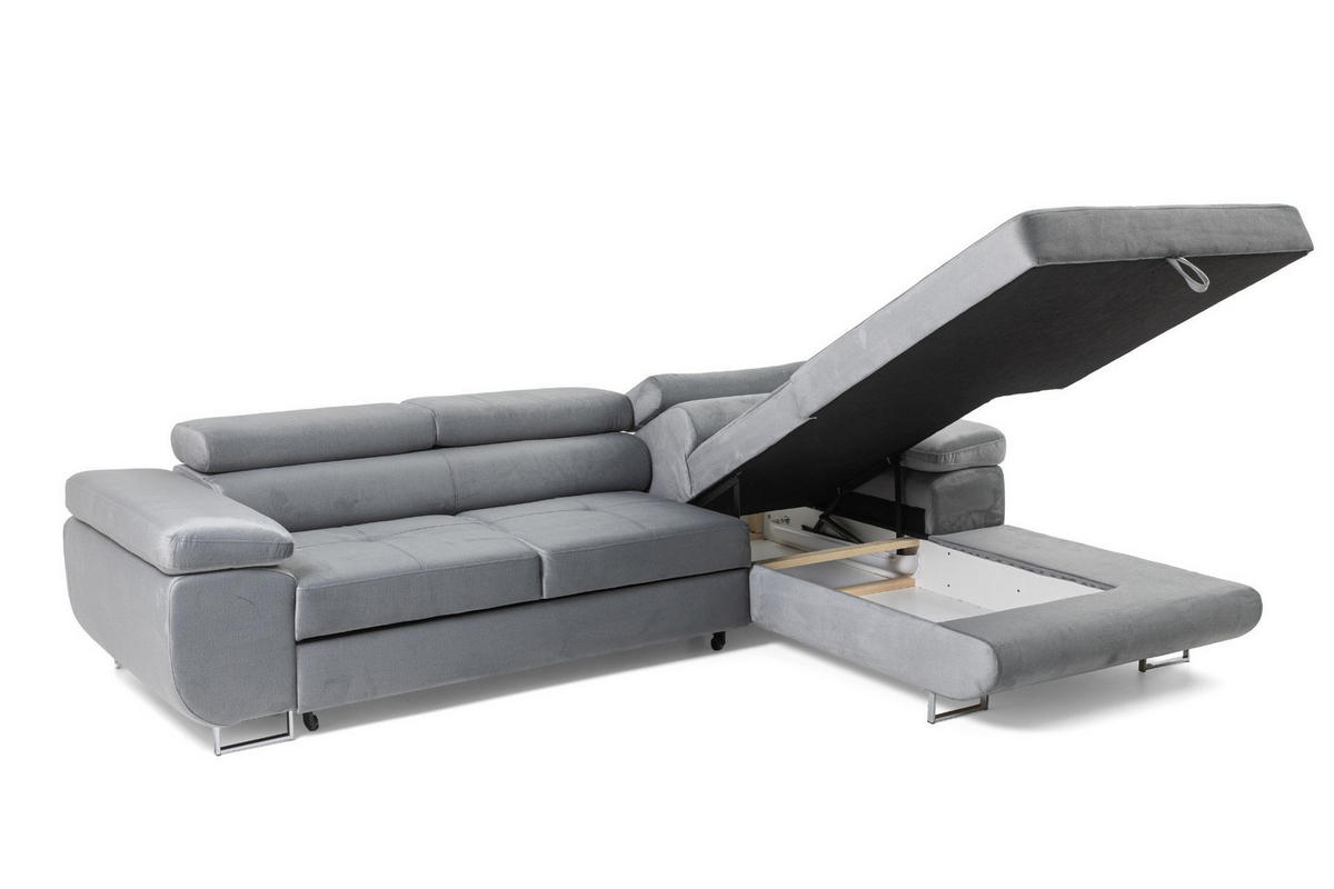 ECKSOFA ALONZO L Rechts mit Schlaffunktion 125x195 Velours Hellgrau - Silberfarben/Hellgrau, Holz/Textil (203/275cm) - Muffo