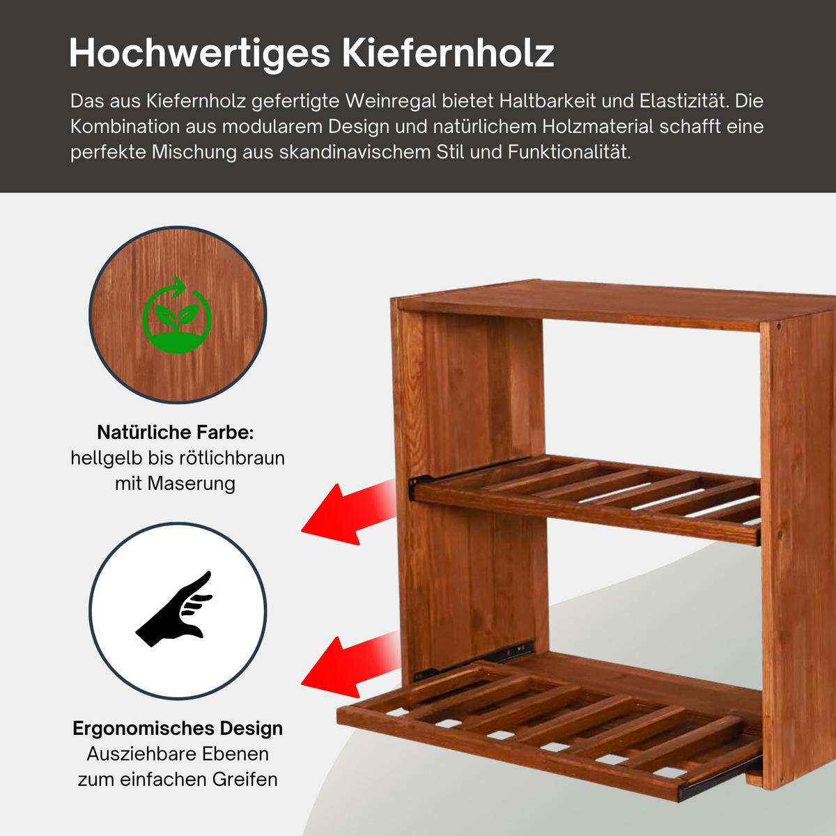 WEINREGAL Vincellar Mod 60x60x30 cm Modul Für 12 Flaschen Oder Weinkisten mit Ausziehbaren Ebenen Massives Kiefernholz Braun Geölt - Braun, Holz (60/60/30cm) - PROREGAL