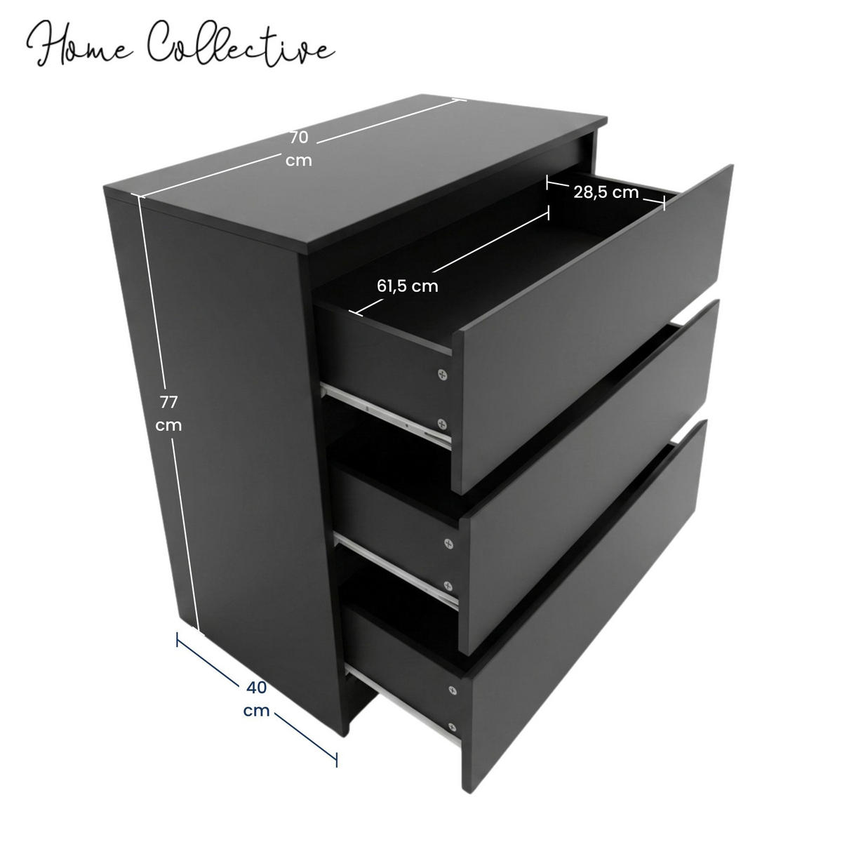 KOMMODE mit drei Schubladen in Schwarz - Schwarz, Holzwerkstoff (70/77/40cm) - Home Collective